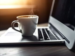 cozy work from home setup, coffee cup and laptop on desk, remote working and productivity, generative AI