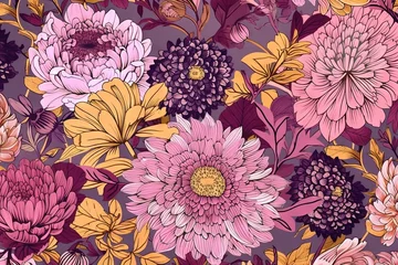 Selbstklebende Fototapeten Répétition d'un motif textile harmonieux de fleurs roses et dorées violettes aux couleurs vives dans des couleurs et des lignes nettes. © Merilno