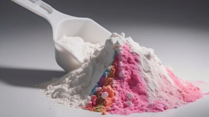 Close-up shot of pre-workout powder with pink scoop, generated by IA 