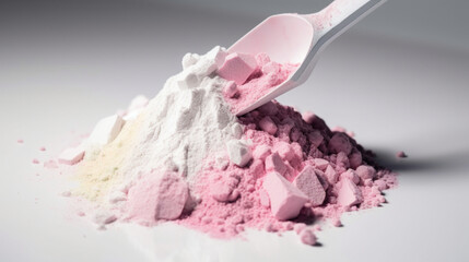 High-resolution white powder with pink pre-workout scooper, generated by IA 