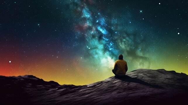Un homme assis seul sur la lune regarde les &eacute;toiles color&eacute;es de l'univers.