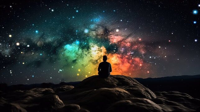 Un homme assis seul sur la lune regarde les &eacute;toiles color&eacute;es de l'univers.