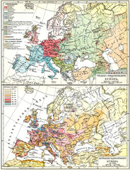 Map of peoples and languages and also map of population density of Europe. Publication of the book "Meyers Konversations-Lexikon", Volume 2, Leipzig, Germany, 1910