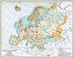 Economic map of Europe. Publication of the book "Meyers Konversations-Lexikon", Volume 2, Leipzig, Germany, 1910