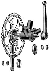 Pedal crank bearings with bell cranks to the bicycle. Publication of the book "Meyers Konversations-Lexikon", Volume 2, Leipzig, Germany, 1910