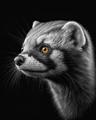 Obraz premium Generated portrait of a ferret with yellow eyes on a contrasting black background in black and white format