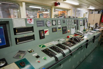 Interior of ship's engine room control compartment. The control instruments of the ship's engine.