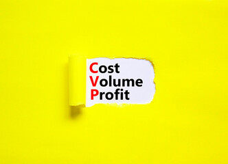 CVP cost volume profit symbol. Concept words CVP cost volume profit on white paper on a beautiful yellow background. Business and CVP cost volume profit concept. Copy space.