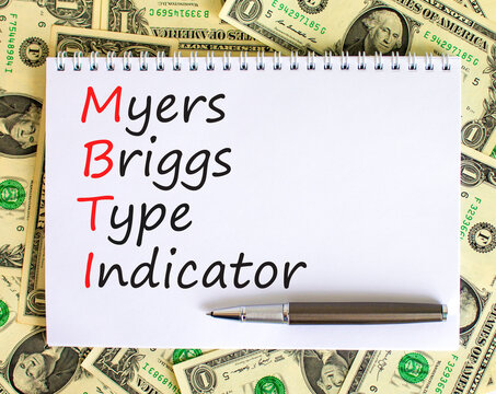MBTI Myers Briggs type indicator symbol. Concept words MBTI Myers Briggs type indicator on white note on beautiful white background. Psychological MBTI Myers Briggs type indicator concept. Copy space