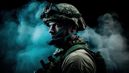 Soldier close-up face with mask and and military equipment with blue and white smoke in background. Fictional person created with generative AI