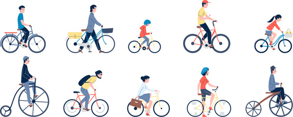 Characters ride bikes, different bicycles on road. Children and adult on modern city eco transport. Cycling sport hobby, flat characters riding recent vector set