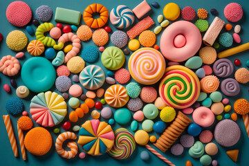Fototapeta na wymiar A background consisting of various sour-colored candies. AI