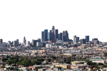 Downtown Los Angeles skyline with cut out background.
