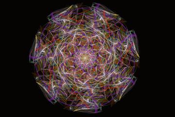 Multicolored iridescent floral pattern of curved lines on a black background. Abstract fractal 3D rendering