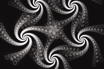 White swirling pattern of crooked waves on a black background. Abstract fractal 3D rendering