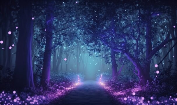  a path in the woods with purple lights on it and a trail leading through the woods to the light at the end of the tunnel. generative ai © Natalja