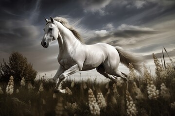 Plakat Beautiful White Horse Galloping through Lush Green Field - Stunning Nature