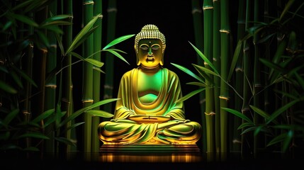 Bouddha aux couleurs néon jaune et vert et fond de bambou
