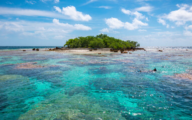 Tropical islet surrounded by coral reef lagoon.