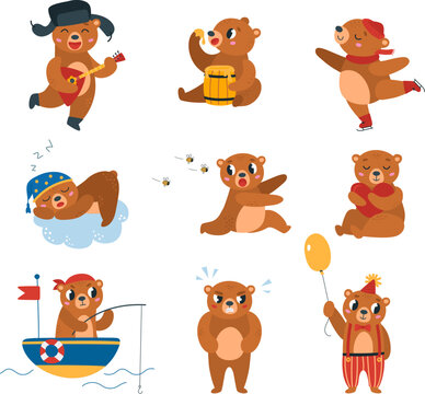 Funny comic cartoon bear. Animals bears poses, funny creature dance, sing and sleep on cloud. Children woodland character, isolated cute classy vector mascot
