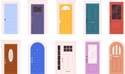 House entrance different doors. Color door flat style, home entry decor with windows and doorknob. Outside design, renovation racy vector collection