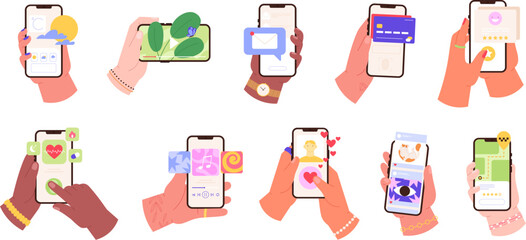 Hands with smartphones paying, swipe photos and music, order. Smartphone chat and message, mobile map and video. Digital apps racy vector clipart