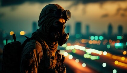 Fototapeta na wymiar Soldier close-up face with mask and military equipment with night city in background. Fictional person created with generative AI