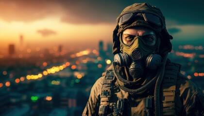 Soldier close-up face with mask and military equipment with night city in background. Fictional person created with generative AI