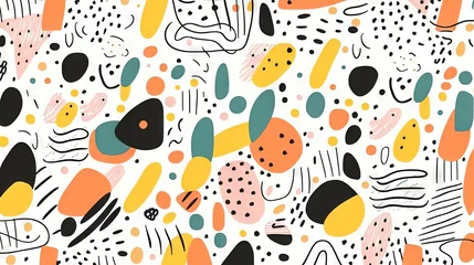 Foto auf Acrylglas Un doodle de ligne coloré amusant minimaliste avec un motif sans couture. Toile de fond de gribouillis enfantin simple. Idéal pour le papier peint de la chambre des enfants. © Merilno