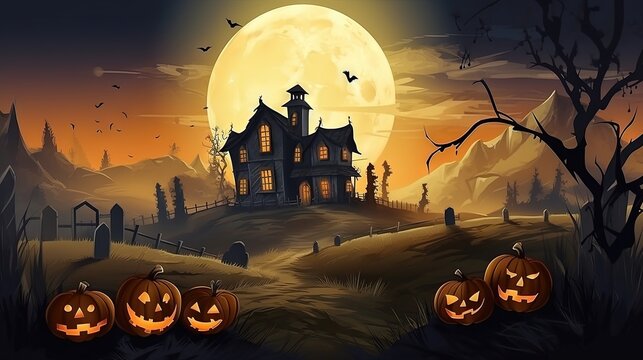 Un paysage d'halloween avec une maison effrayante et une ambiance effrayante.