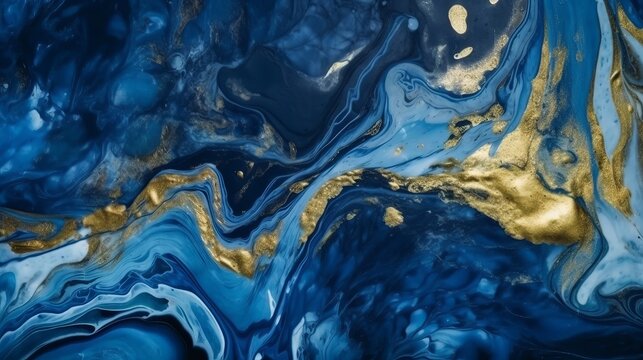 Blue marble and gold abstract background texture. Indigo ocean blue marbling with natural luxury style swirls of marble and gold powder Generative AI