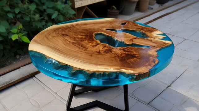 Handmade epoxy resin round wood table. Reclaimed wood furniture and live edge table made from fallen trees. Generative AI
