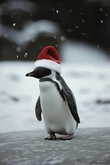 Fototapeta premium Un pingouin avec un bonnet de noel. Perfectionnez pour une carte de Noël de vacances.