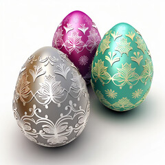 Fototapeta premium Colorful Easter eggs on white background, created with generative AI