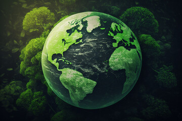Obraz na płótnie Canvas A green world globe with continents, set against a natural green background. AI