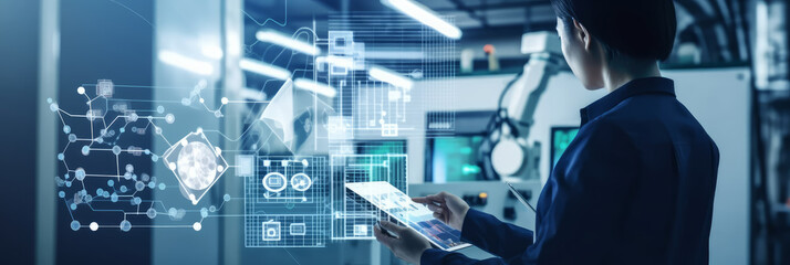 Technician manager, industrial engineer using tablet to connect to industry network and control robotics using monitoring software. Smart factory automation robot arm machine - Generative AI