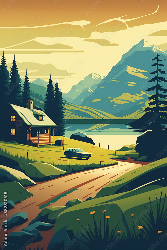 Wall mural summer landscape illustration with house, trees and hills, matte background, matte painting, wallpap