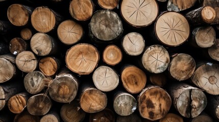 Pile of cut tree trunks and branches arranged together in forest as abstract background Generative AI