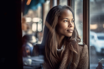 Pensive African American woman behind the window of a cafe - Ai generative