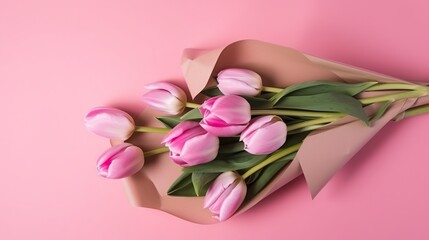 Top view of tulip bouquet wrapped in paper swirl on pink background Generative AI