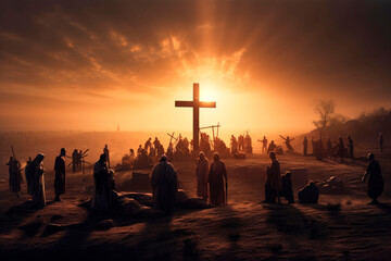 The crosses on Good Friday at Easter on Golgotha in the dramatic evening sun. Generative AI - obrazy, fototapety, plakaty