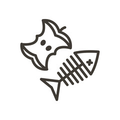 Vector thin line icon outline linear stroke illustration of organic waste, food compost. Eaten apple and fish bones