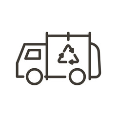 Vector thin line icon outline linear stroke illustration of a urban recycling garbage truck. Sustainable environment eco friendly trash sorting