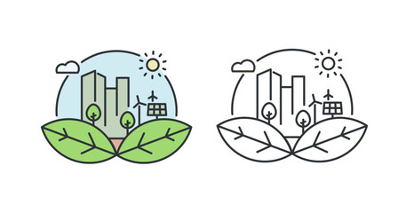 Fototapeta premium Vector minimal thin line icon outline linear stroke logo illustration of eco green city. Two versions, colored and unfilled stroke