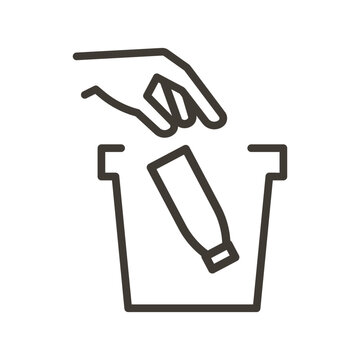 Vector thin line icon outline linear stroke illustration of hand throwing bottle into trash bin.