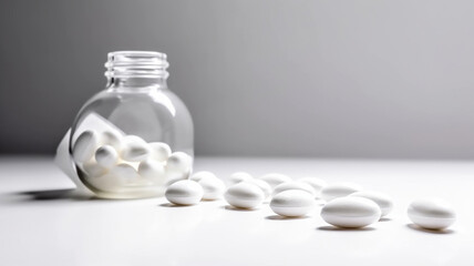 Pill bottle with spilling medicine tablets over white - Generative AI