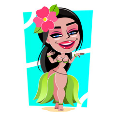 Hawaiian hula dancer young pretty woman. illustration