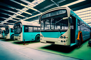 Bus assembly at the factory. Several finished blue azure buses ready to use ready in the hangar. Generative AI