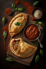 illustration, freshly baked mini calzones filled with bolognese, ai generative