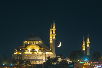 Islamic photo. Suleymaniye Mosque and crescent moon